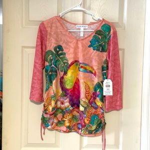 Multi pattern tropical themed blouse.